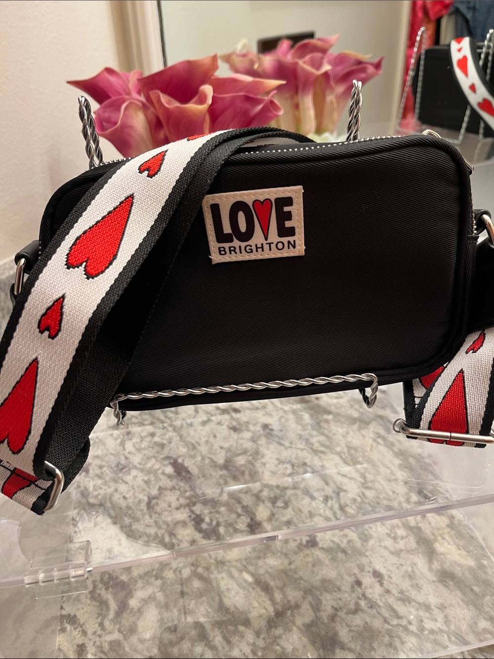 Brighton LOVE Black Crossbody with Red Heart Strap